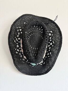 Black Woven Straw Cowboy Hat with Beads & Shells